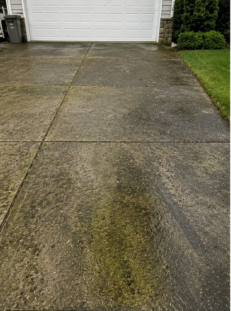 Dark, stained Chilliwack driveway before powerwashing