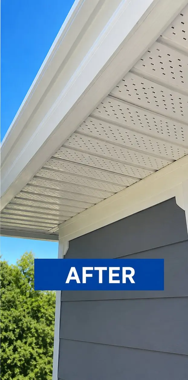 The same gutter face and soffit bright white after an exterior gutter scrub
