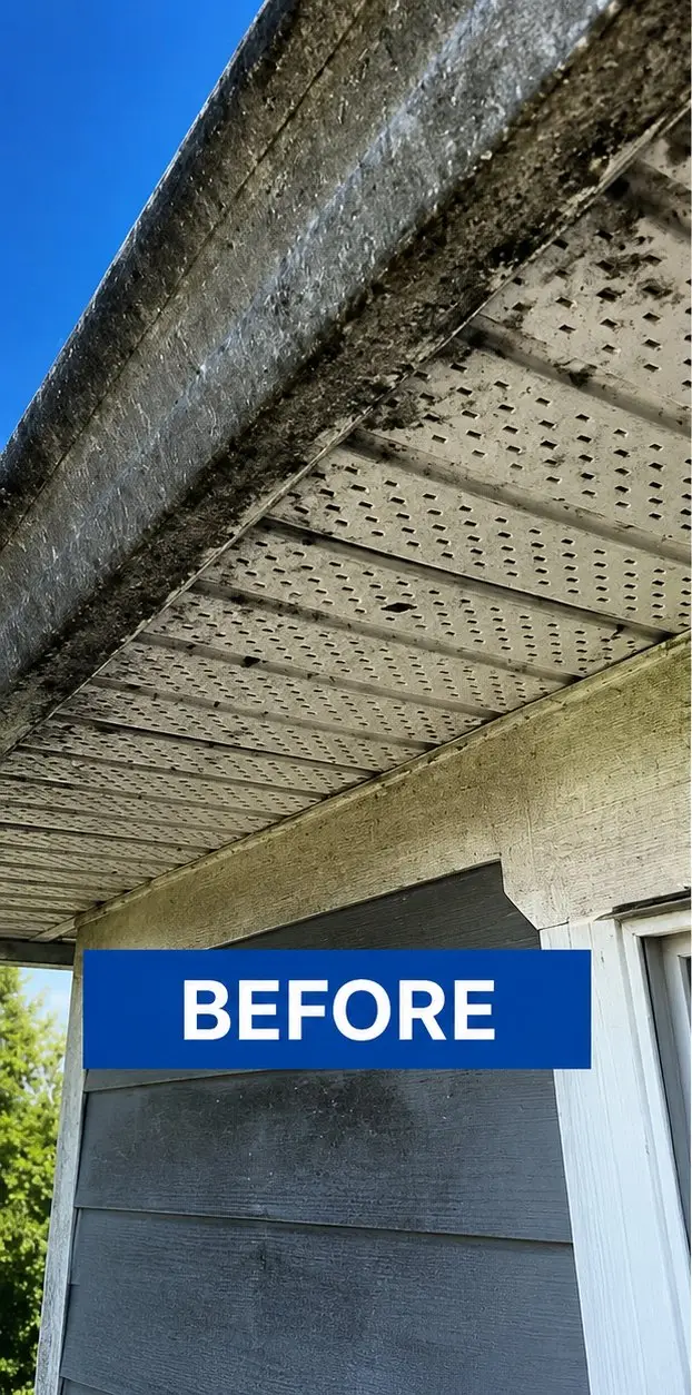 Gutter face and soffit stained with black mildew streaks