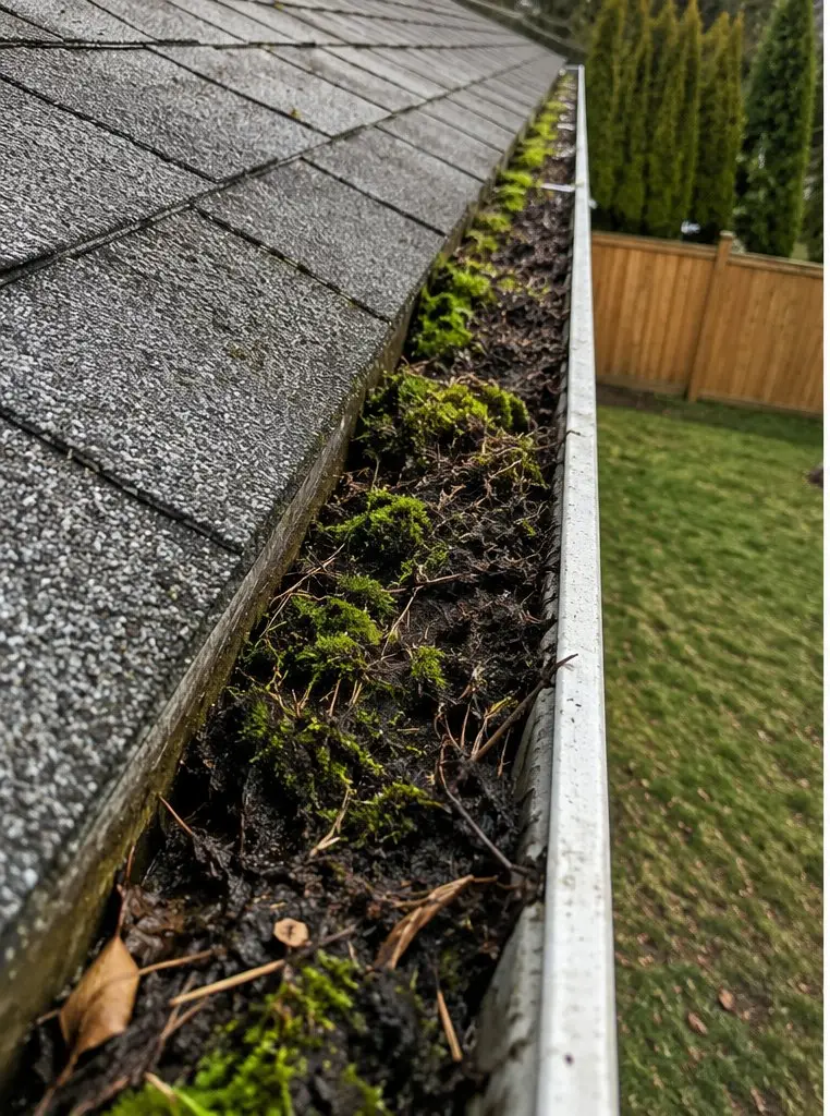 Abbotsford gutter clogged with leaves and needles before cleaning