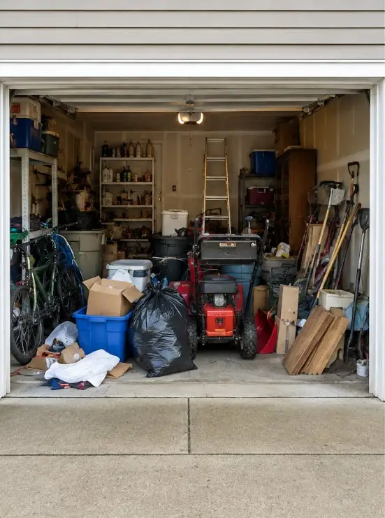Garage packed with boxes, bikes and clutter