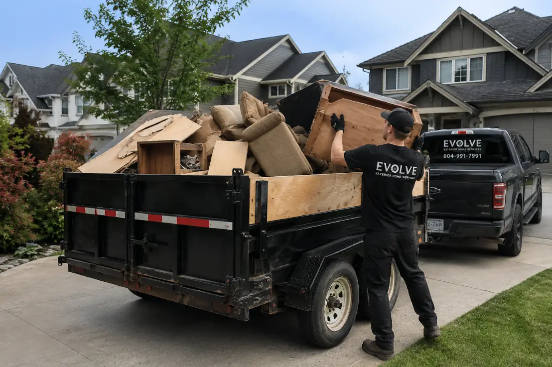 Evolve crew member loading a trailer full of old furniture and debris beside the Evolve truck