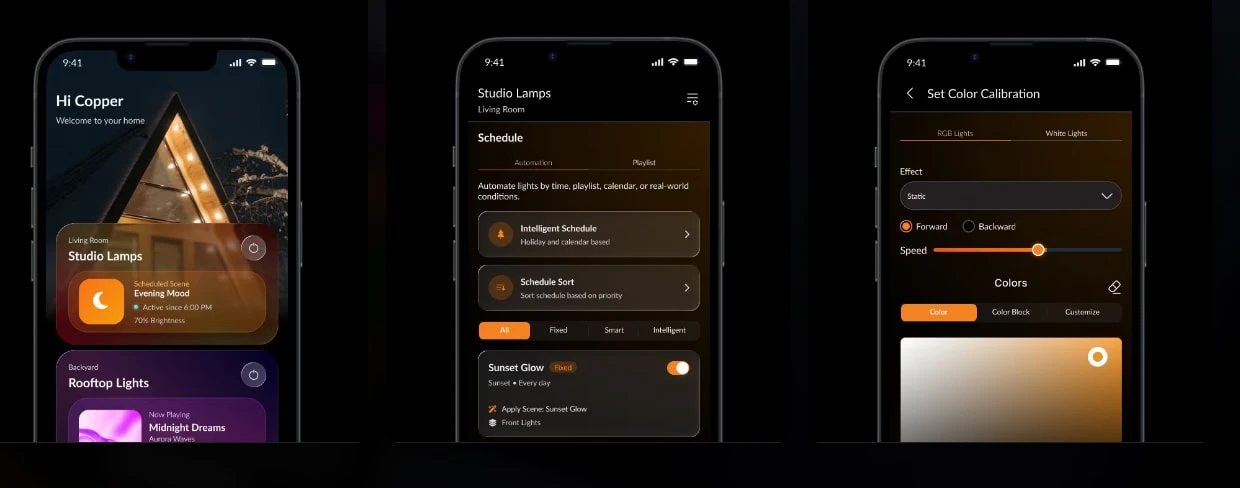 Three phone screens from the ChromaGlow Pro app showing scenes, schedules and colour controls