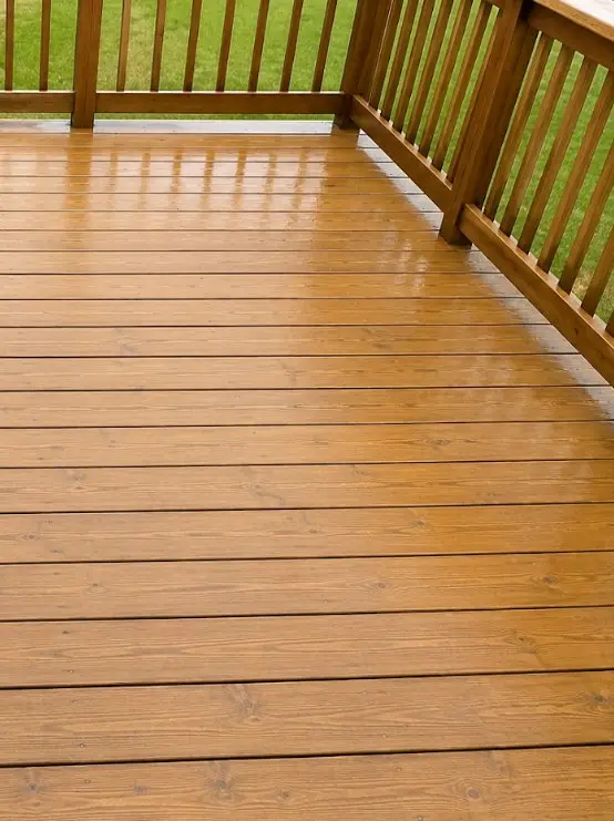 The same deck with warm brown boards restored after washing