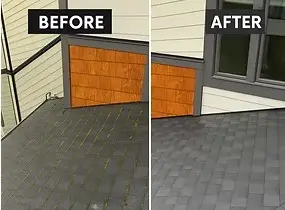 Before and after: a streaked, dark lower roof section cleaned to uniform grey shingles