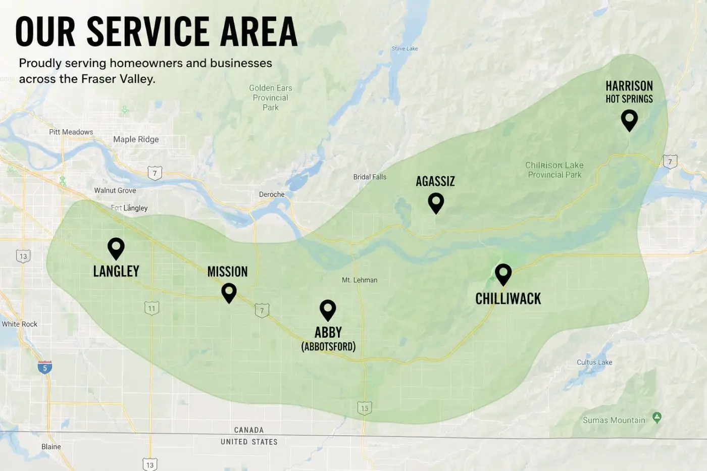 Map of Evolve's service area across the Fraser Valley, from Langley and Mission to Abbotsford, Chilliwack and Agassiz