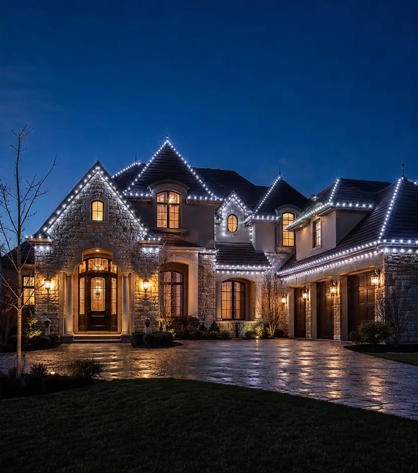 The same stone home outlined in cool white Christmas lights