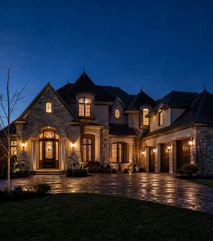 Large stone home at night without holiday lights