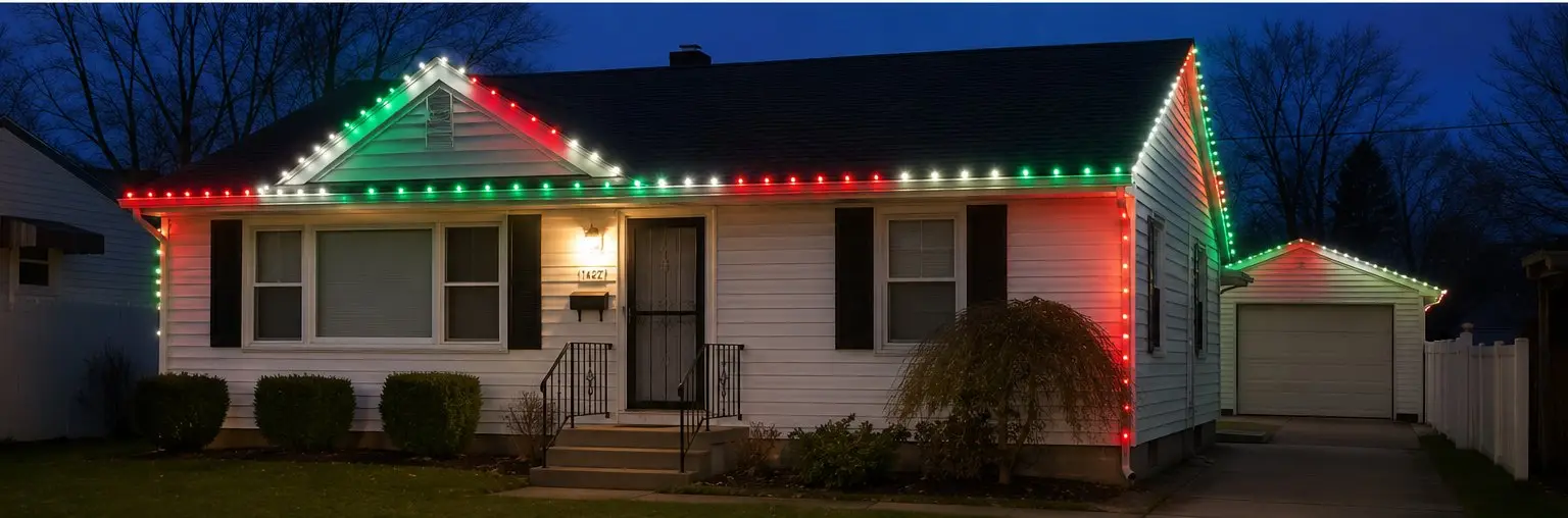 The same bungalow outlined in red, green and white Christmas lights