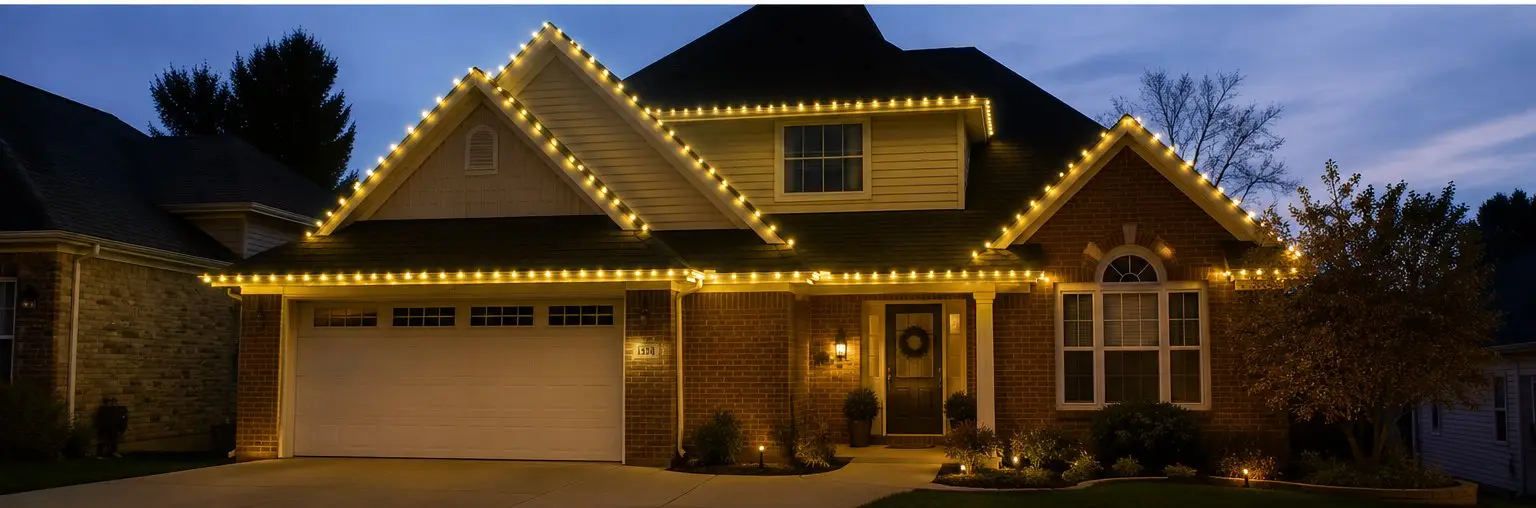 The same home outlined in warm white Christmas lights