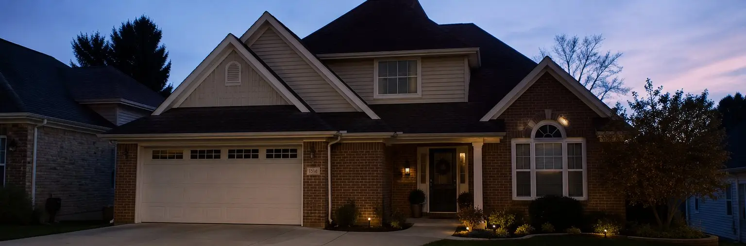 Two-storey home at dusk without holiday lights
